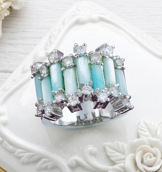 Dyed Blue Shell and Cubic Zirconia Ring Size 7