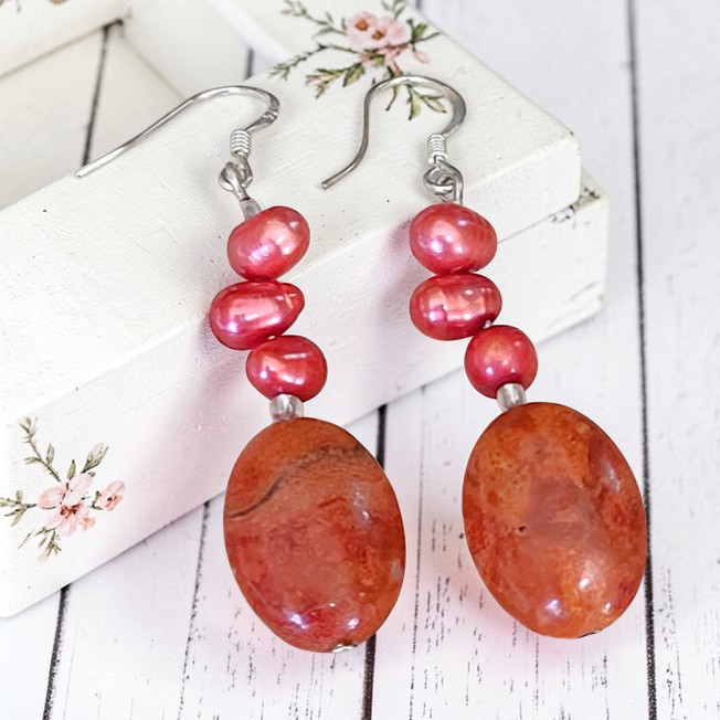 Coral and Dyed Pearl Dangle Earrings Set in 925 Sterling Silver