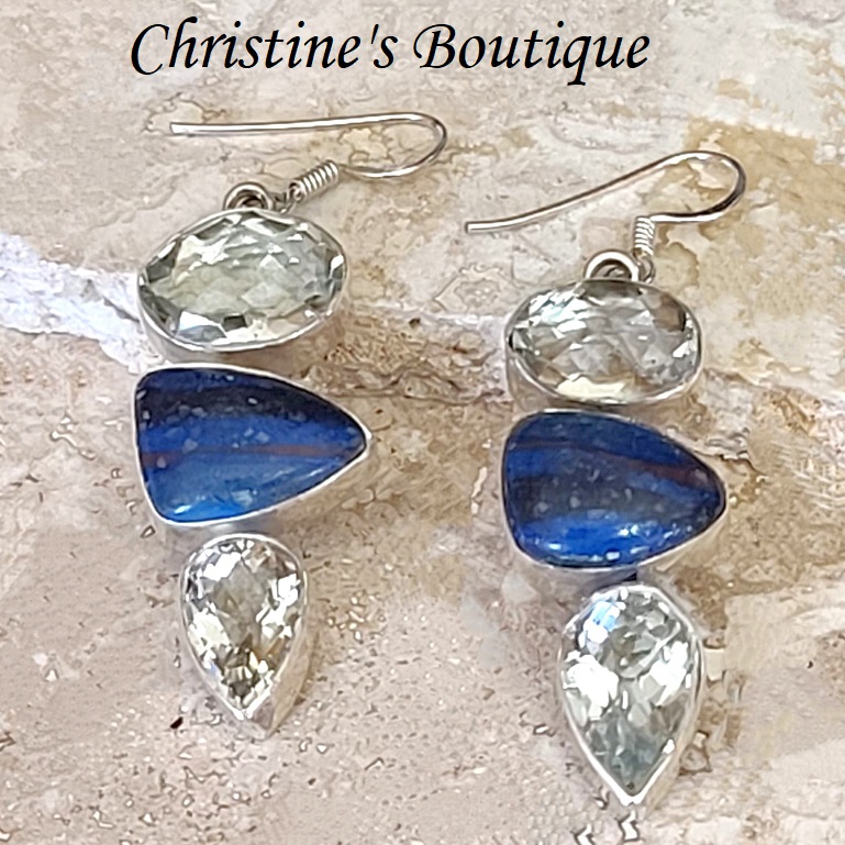 Green Amethyst & Rainbow Calsilica Sterling Silver Earrings - Click Image to Close