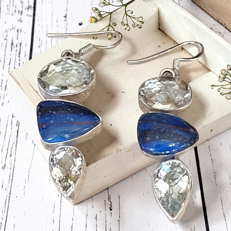 Gemstone Earrings Green Amethyst and Rainbow Calsilica Sterling Silver