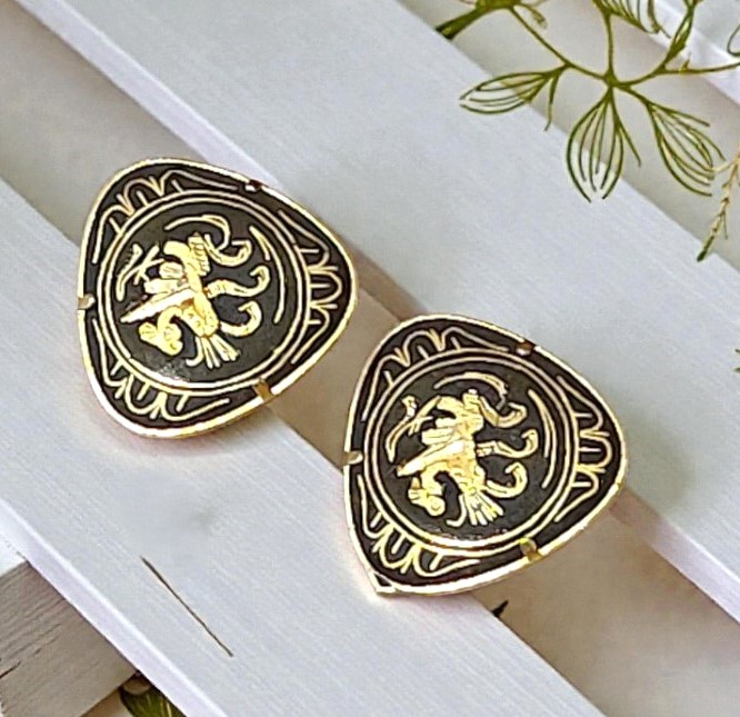 Damascene dragon earrings, vintage, clip ons