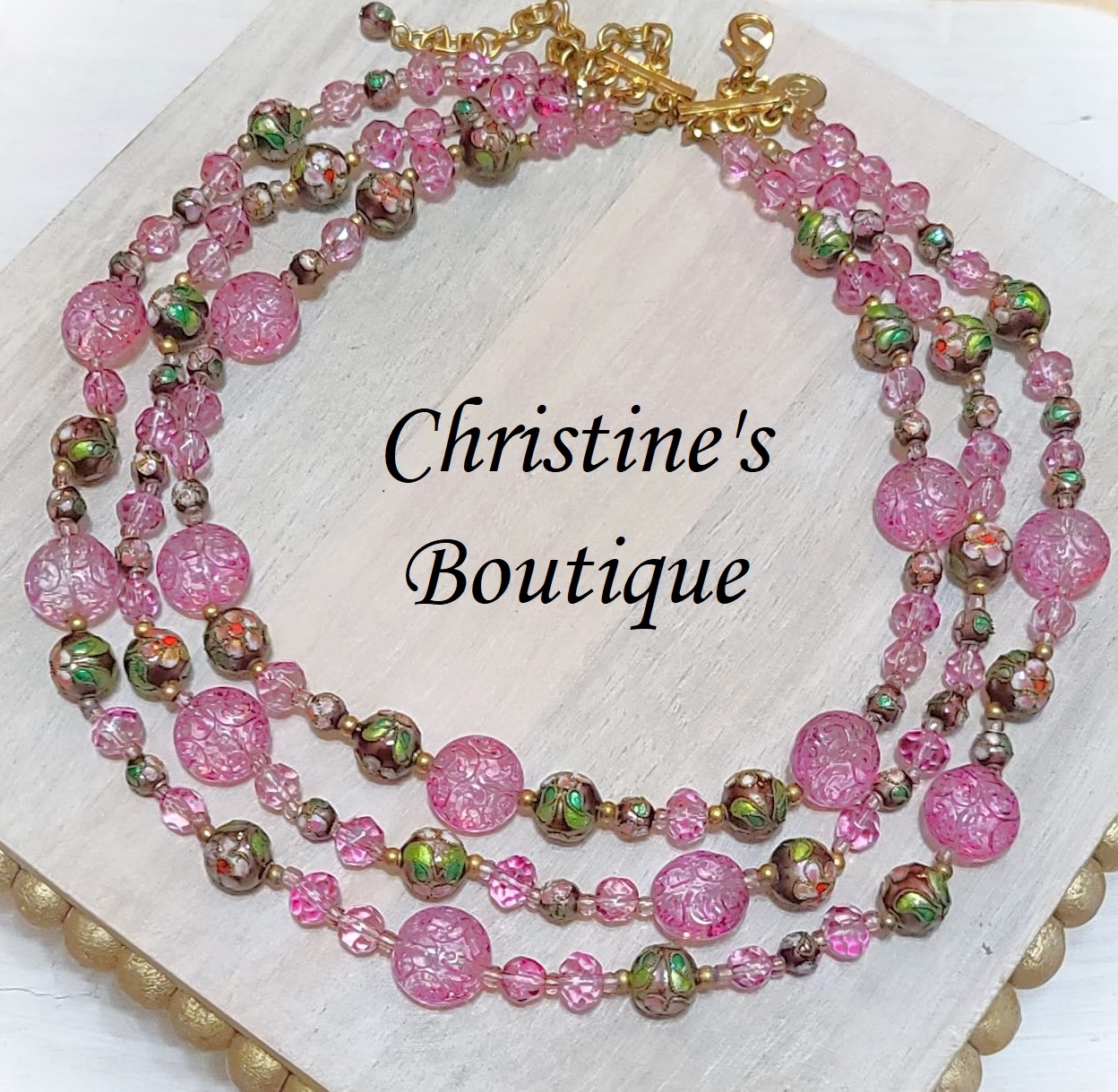 Etched pink glass and cloisonne 3 strand vintage necklace