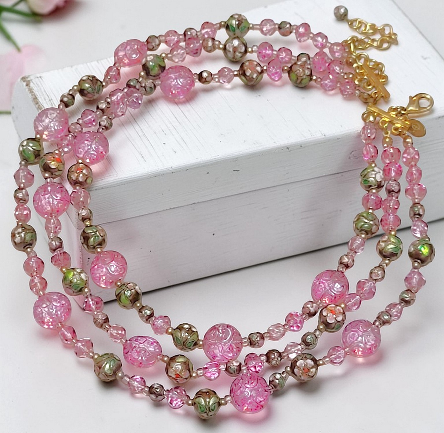 Cloisonne and Pink Etched Glass Bead Necklace Vintage