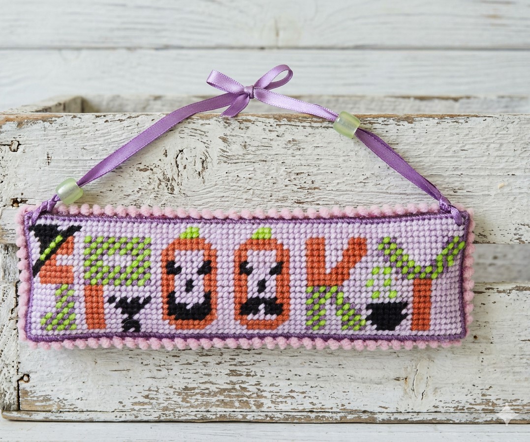 Halloween needlepoint SPOOKY ornament hanger