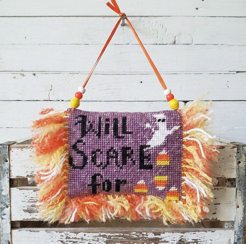 Halloween needlepoint WILL SCARE FOR CANDY CORN with fringe Halloween needlepoint WILL SCARE FOR CANDY CORN with fringe