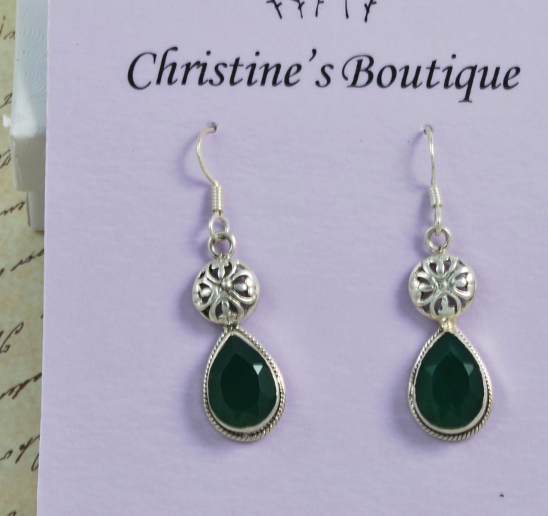 Green Onyx Teardrop & 925 Sterling Silver Dangle Earrings