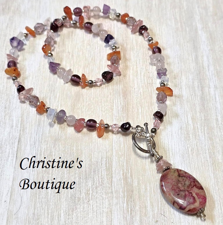 Gemstone lariat necklace, gemstone drop pendant, lace agate, amethyst, quartz and crystal , necklace 17"