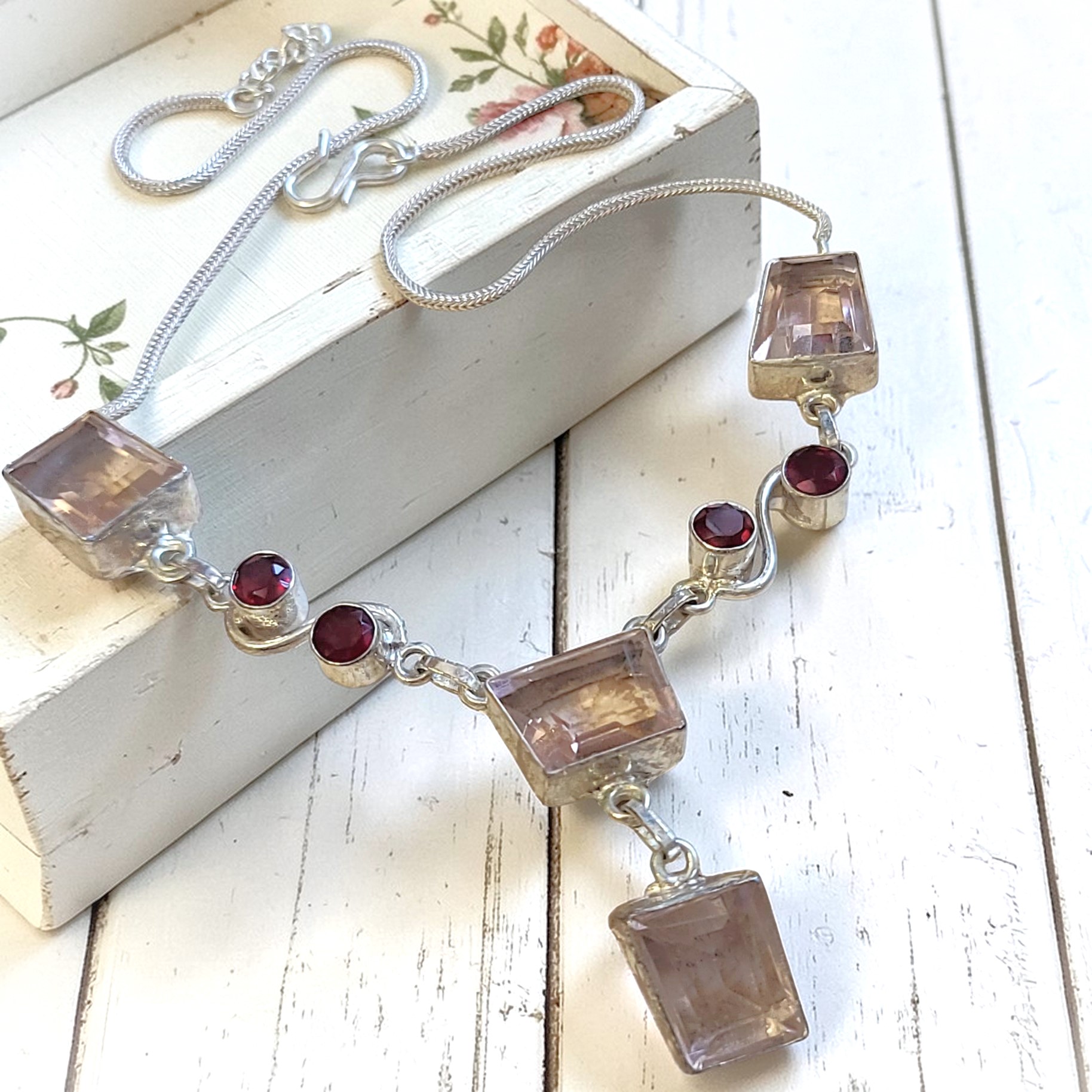 Quartz Gemstones in 925 Sterling Silver Necklace