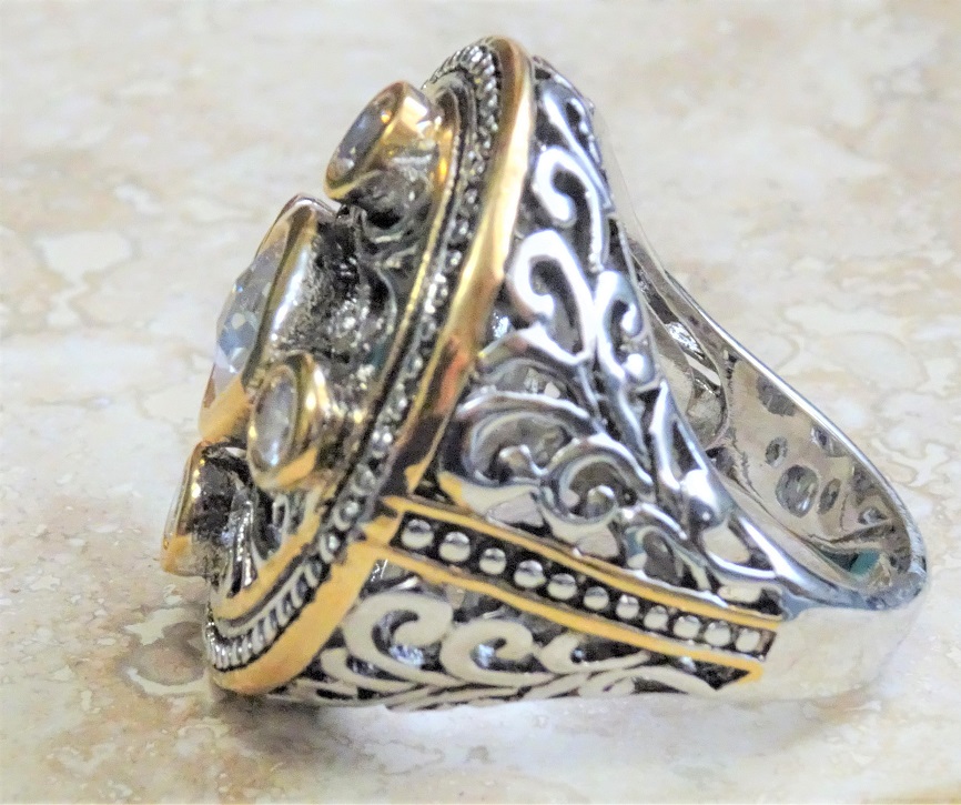 Fashion Oxidized Silver,Gold & CZ's Dome Style Ring Size 8