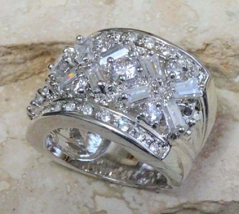 Rhodium Plated & Cubic Zirconia Silver Band Ring Size 6