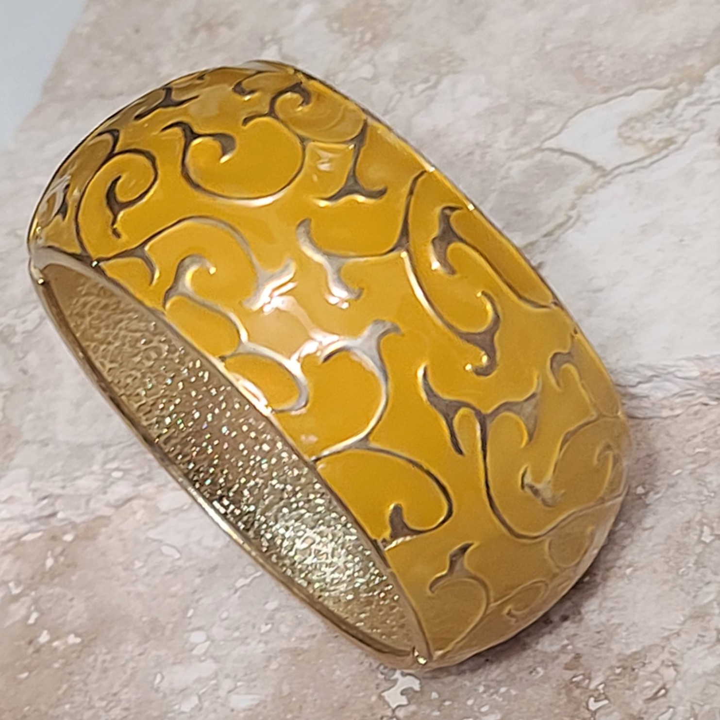 Clamp Style Fashion Bracelet Yellow Enamel & Gold Scroll - Click Image to Close