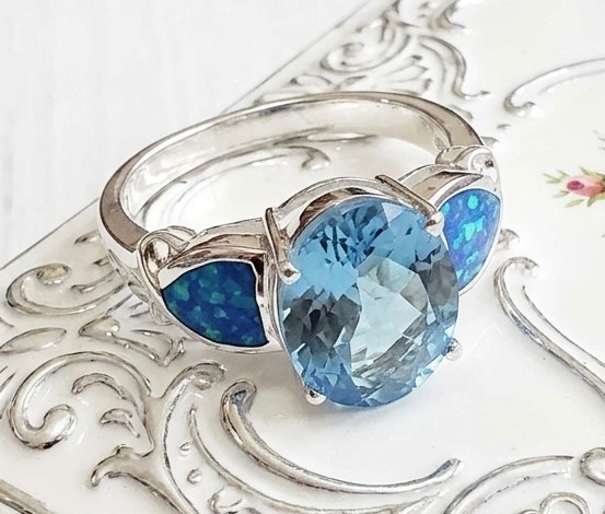 Blue Topaz Gemstone and Lab Opal 925 SS Ring SZ 7