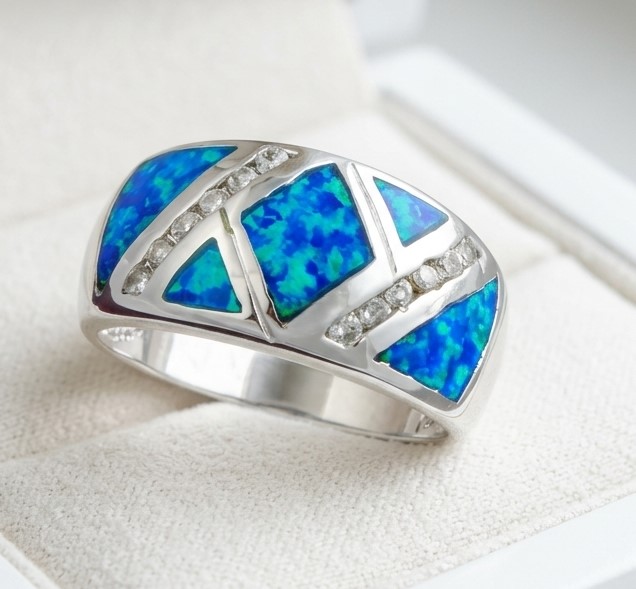 Lab Opal and CZ 925 Sterling Silver Ring Size 8