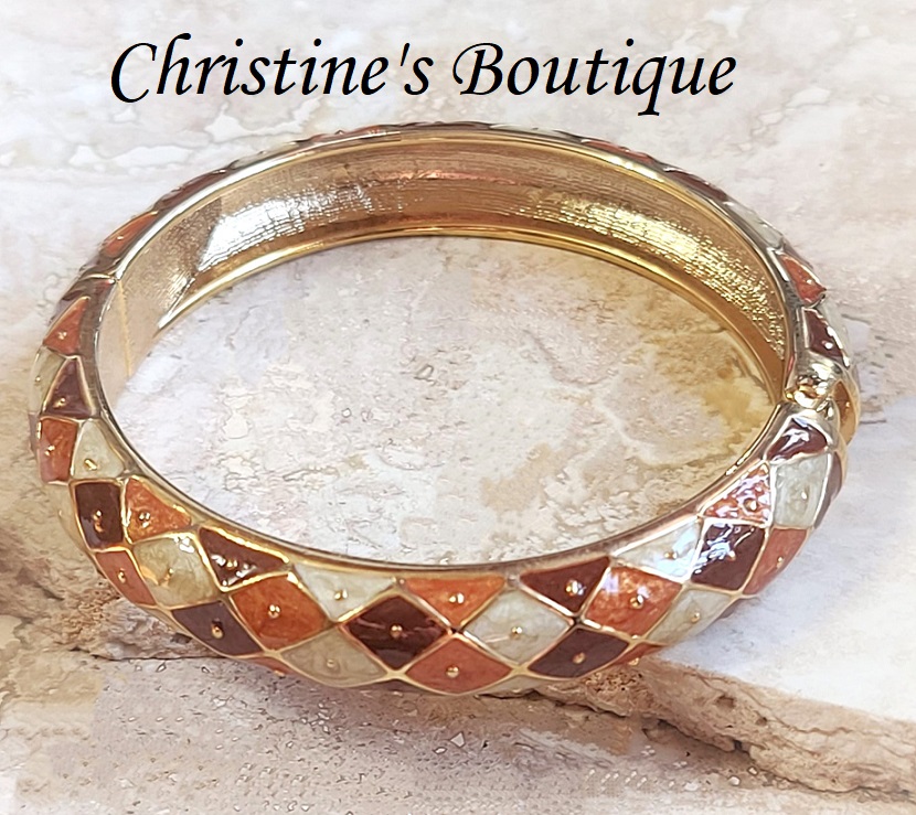 Enamel clamp bracelet, red and rust plaid pattern in goldtone setting