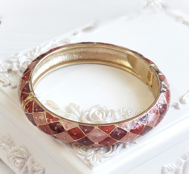 Red Enamel Bracelet with Plaid Pattern