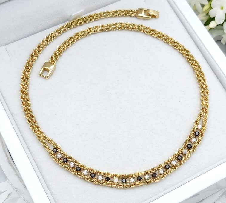 Rhinestone chain link necklace, black and white rhinestones,vintage necklace