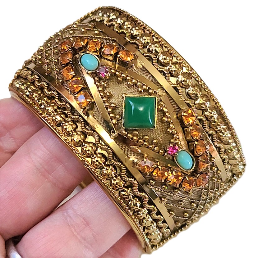 Jewels and Rhinestones Ornate Vintage Bracelet Clamp Style - Click Image to Close