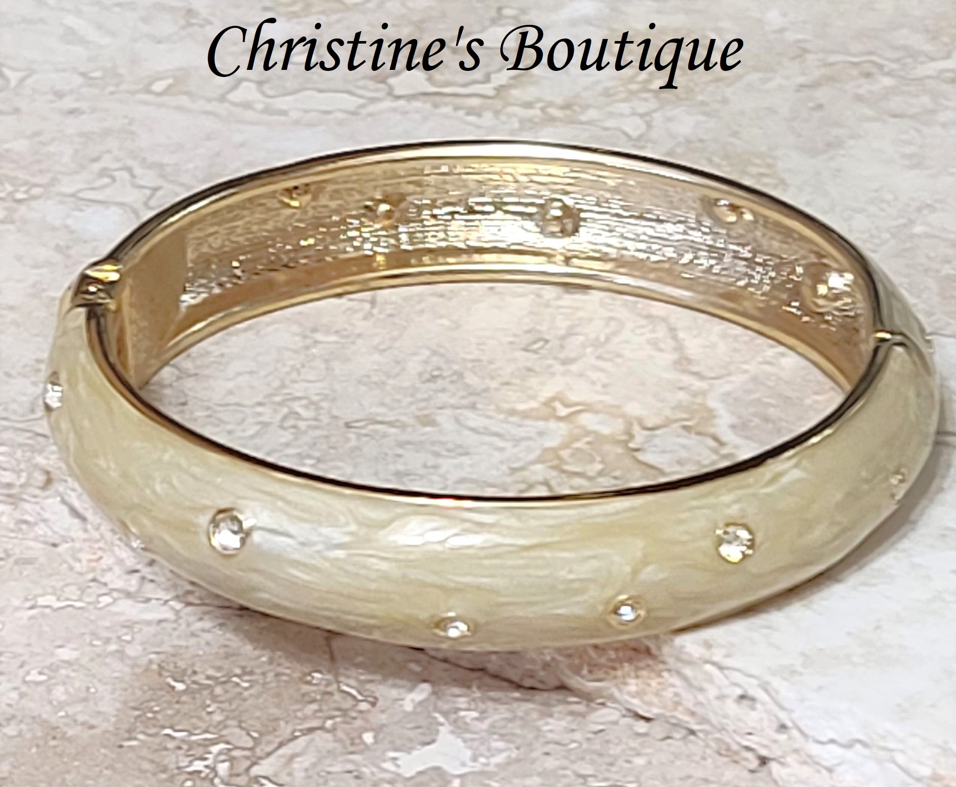 Enamel bracelet with cubic zirconia, oval bangle, cream color - Click Image to Close