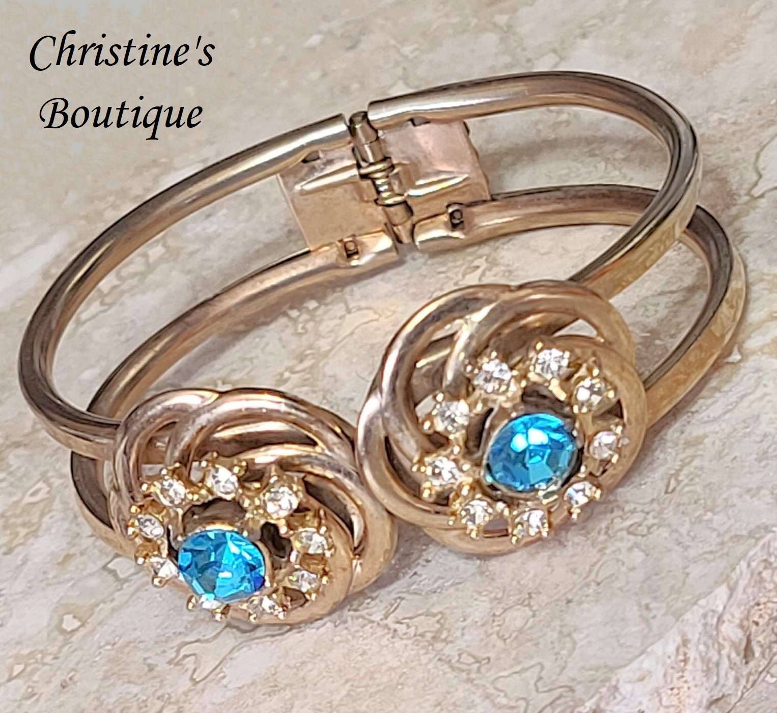 Turquoise rhinestone bracelet, vintage bracelet, clamp style bracelet - Click Image to Close
