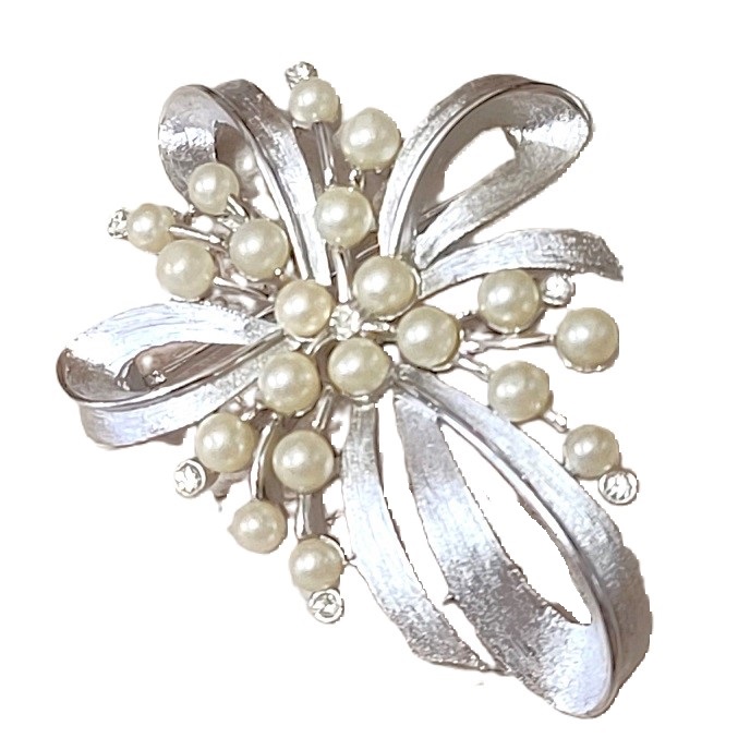 Trifari designer pin, vintage, brushed silvertonne with pearl accents