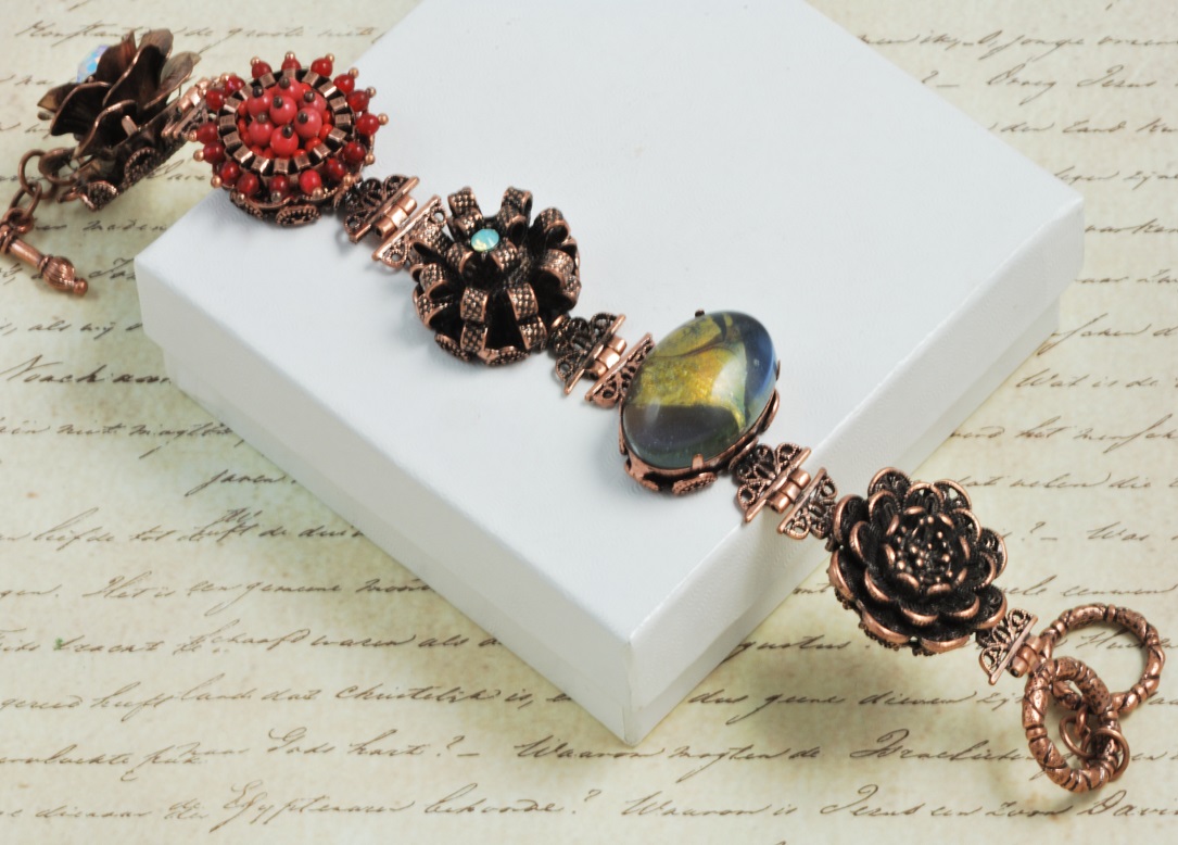 Victorian Style Flower Charm Bracelet in Antique Copper