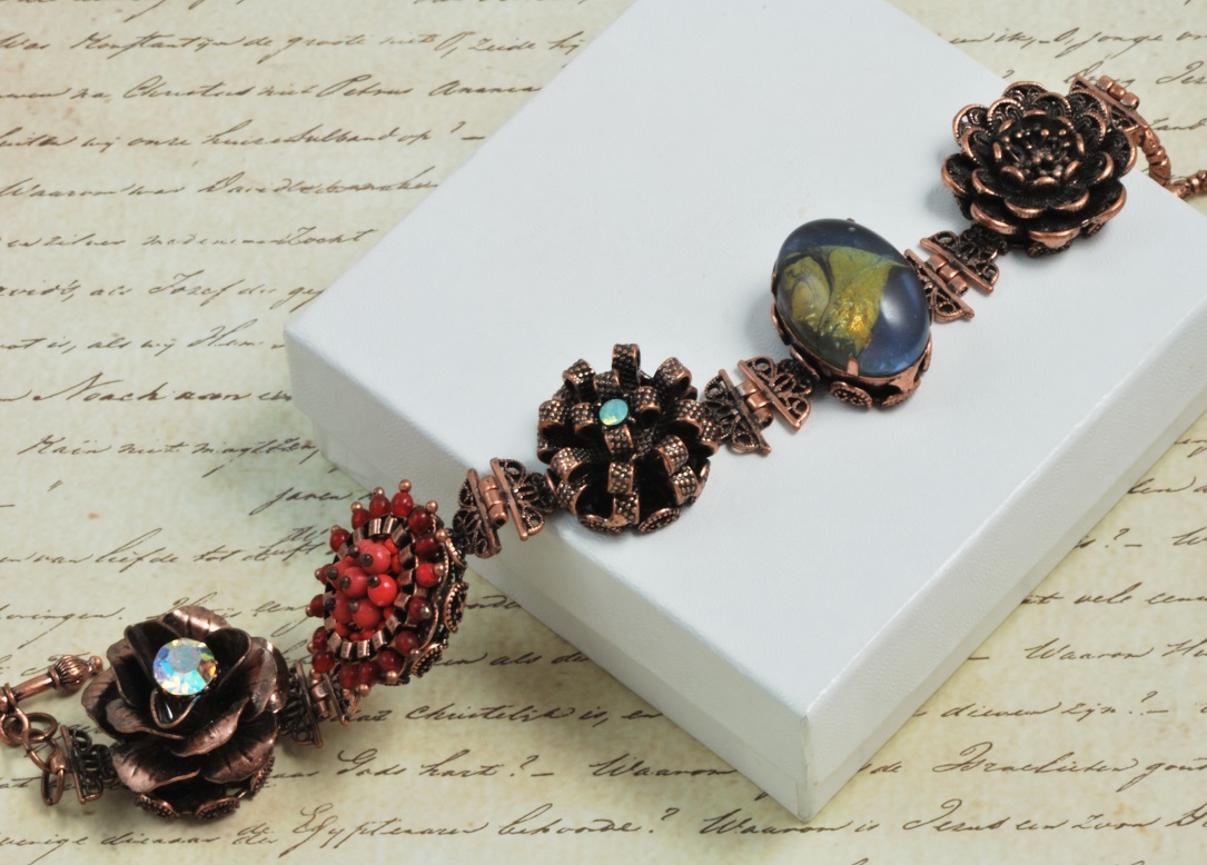 Victorian Style Flower Charm Bracelet in Antique Copper