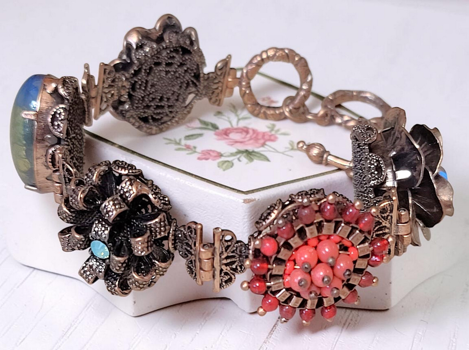 Victorian inspired bracelet, flower cabachons with rhinestones and beads