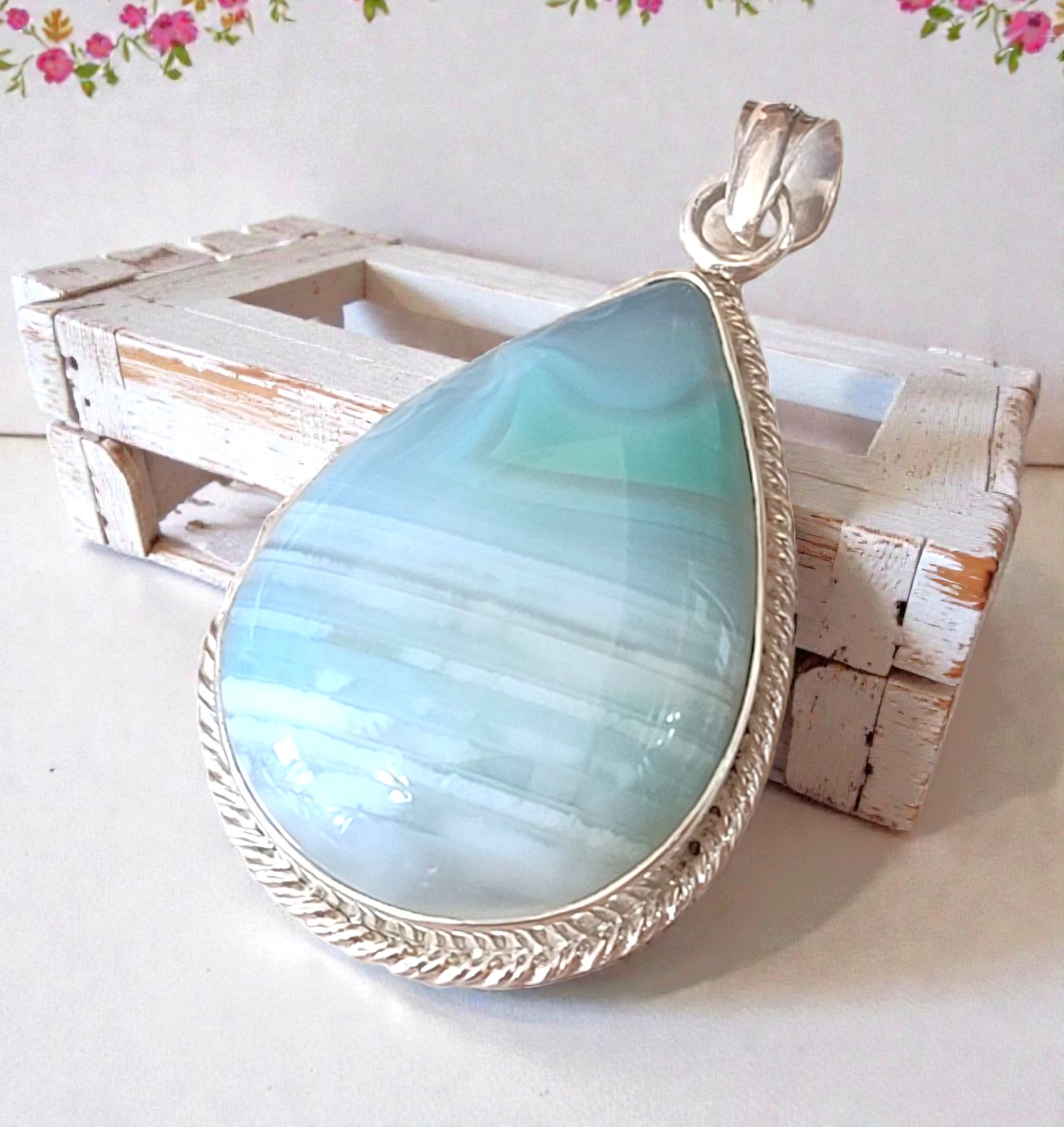 Aqua Blue Agate Gemstone 925 Sterling Silver Pendant 2 1/2" Aqua Blue Agate Gemstone 925 Sterling Silver Pendant 2 1/2"