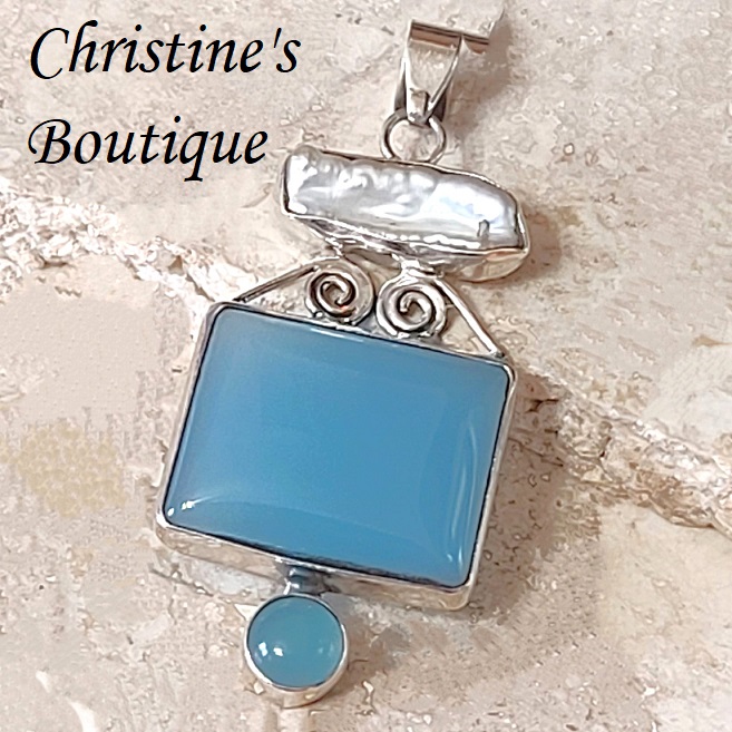 Blue Chalcedony Gemstone 925 Sterling Silver Pendant - Click Image to Close