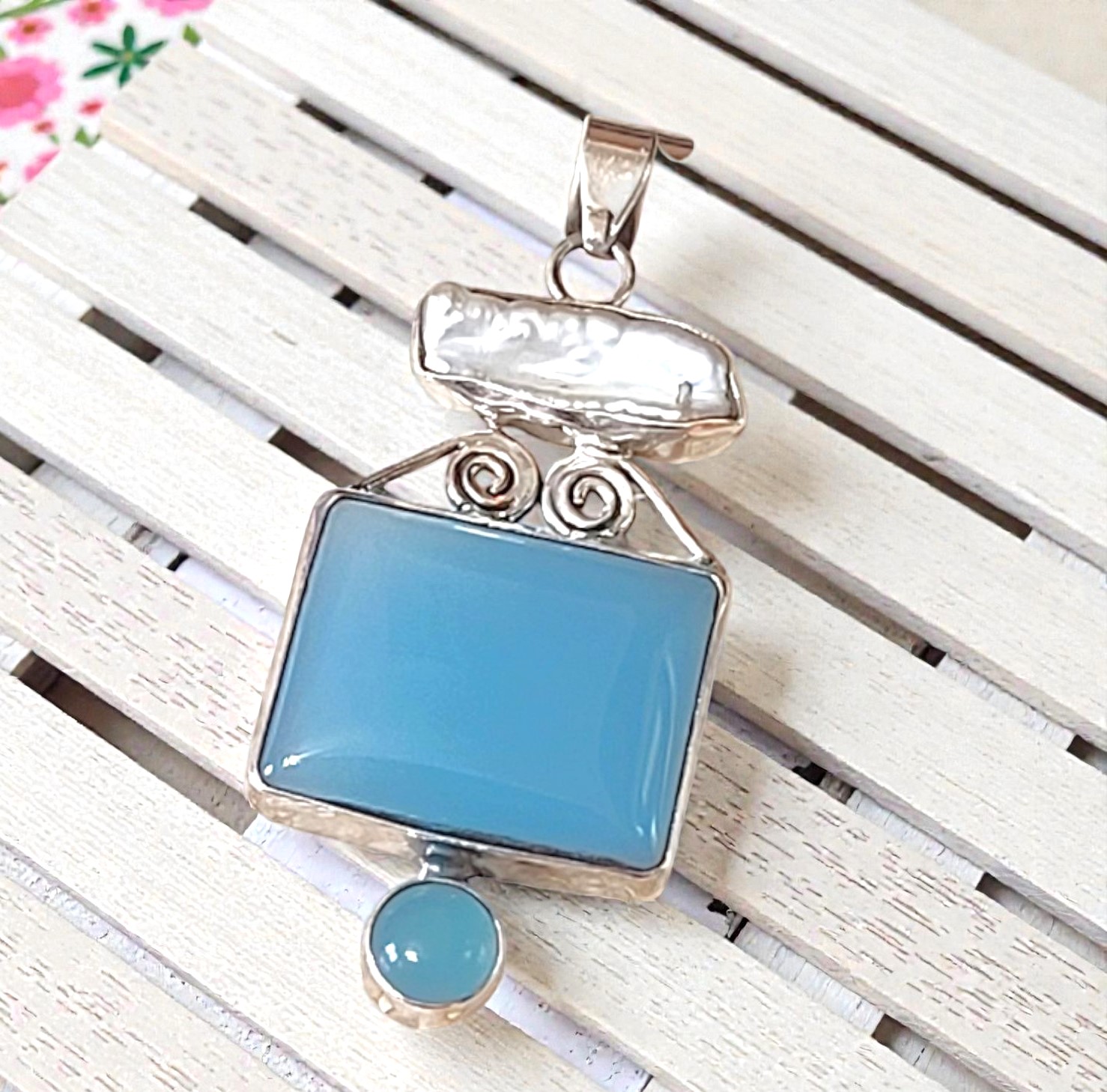 Blue Chalcedony Gemstone 925 Sterling Silver Pendant