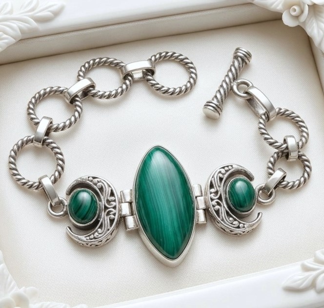 Green Malchite Gemstone & 925 Sterling Bracelet