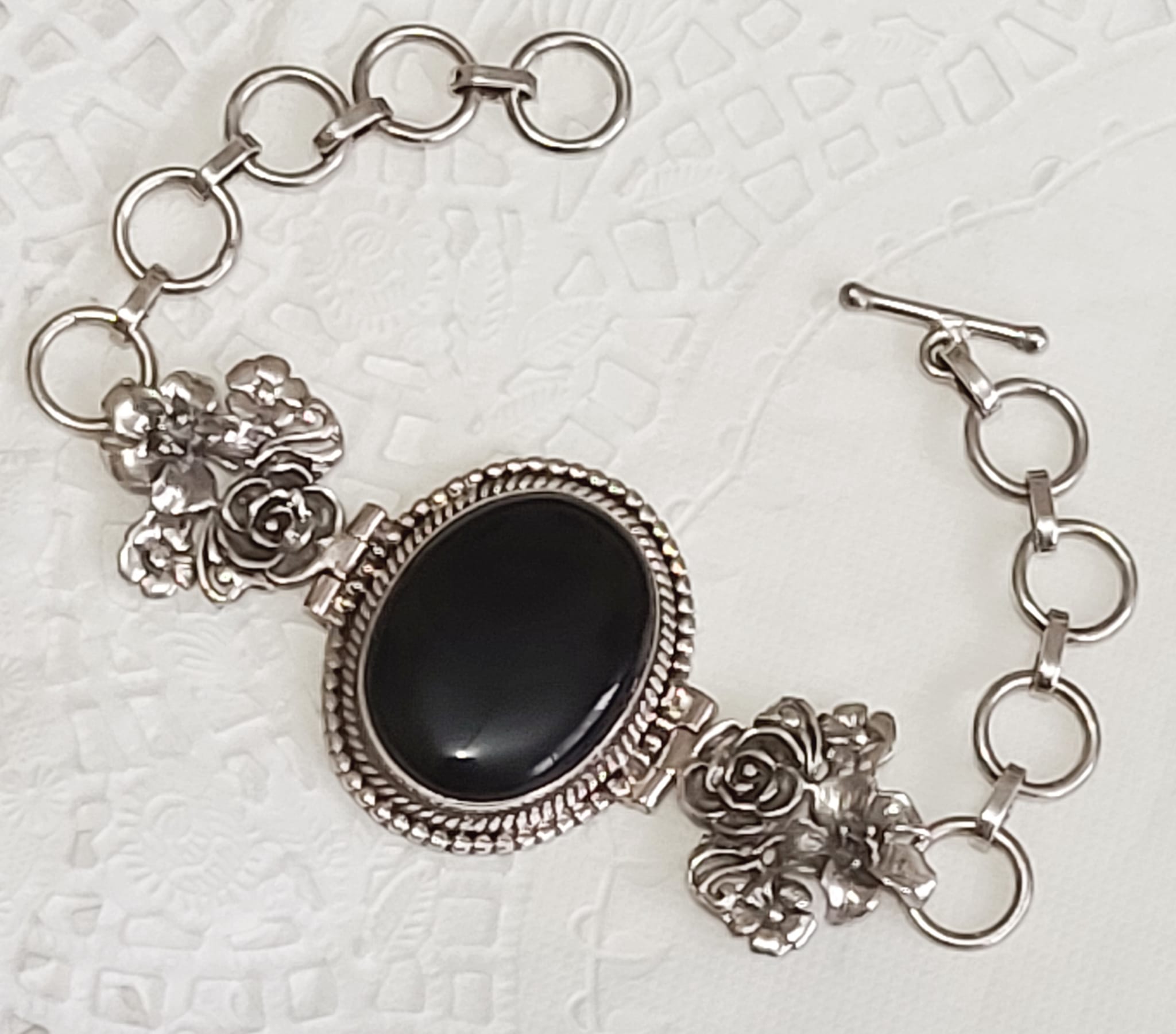 Black Onyx Gemstone and 925 Sterling Silver Bracelet