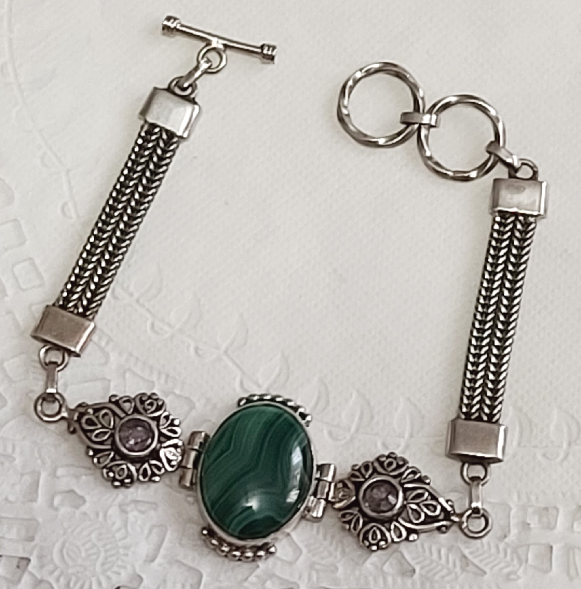 Green Malchite & Amethyst Gemstone & 925 Sterling Bracelet