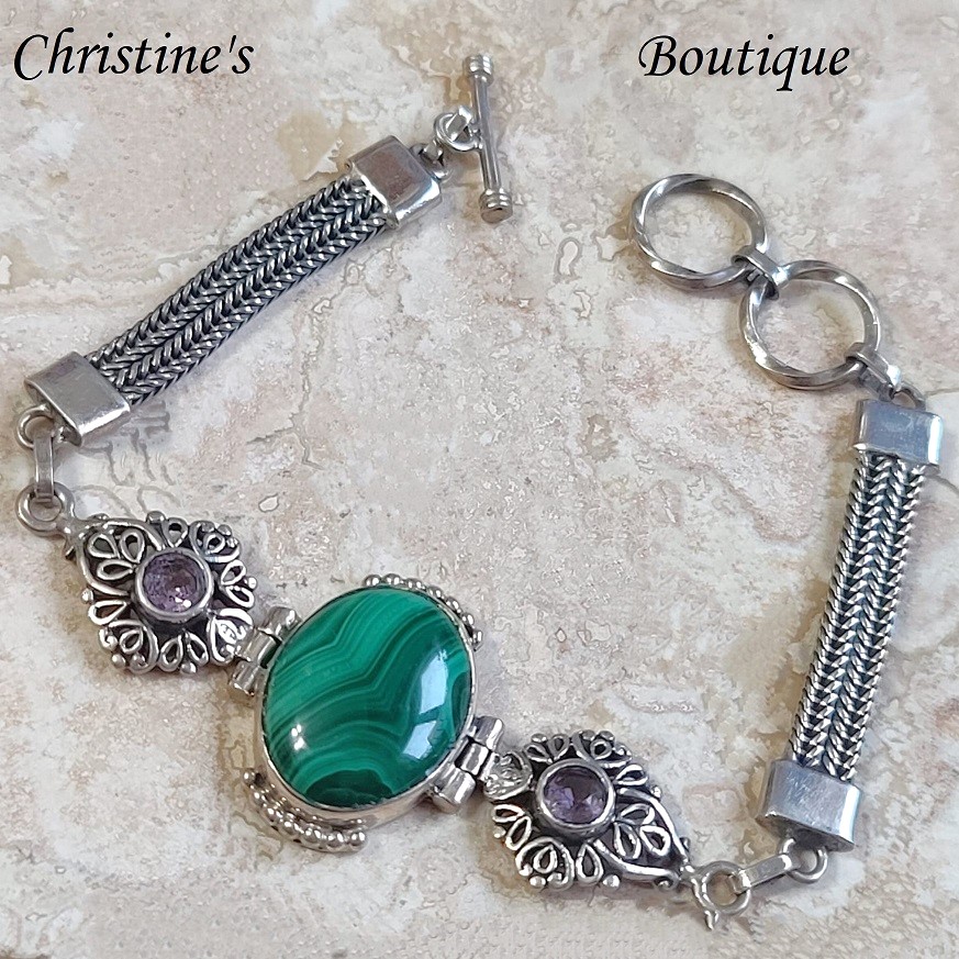 Green Malchite & Amethyst Gemstone & 925 Sterling Bracelet - Click Image to Close