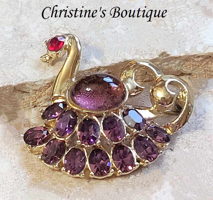 Purple rhinestone pin, bird , with purple rhinestones and a purple jelly belly style cabachon - Click Image to Close
