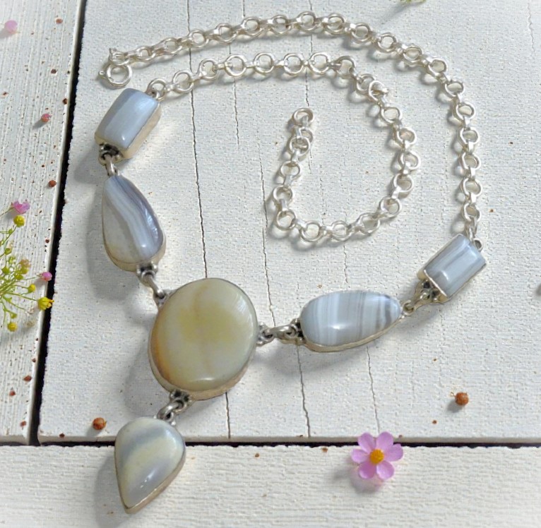 White Agate, Jasper 925 Sterling Silver Necklace