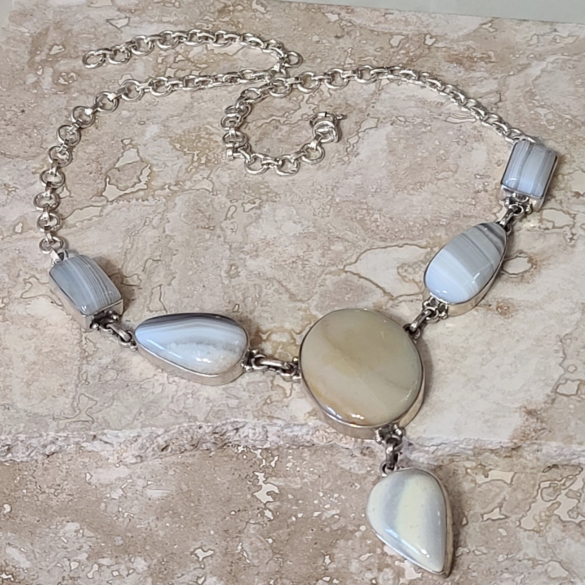 White Agate, Jasper 925 Sterling Silver Necklace - Click Image to Close