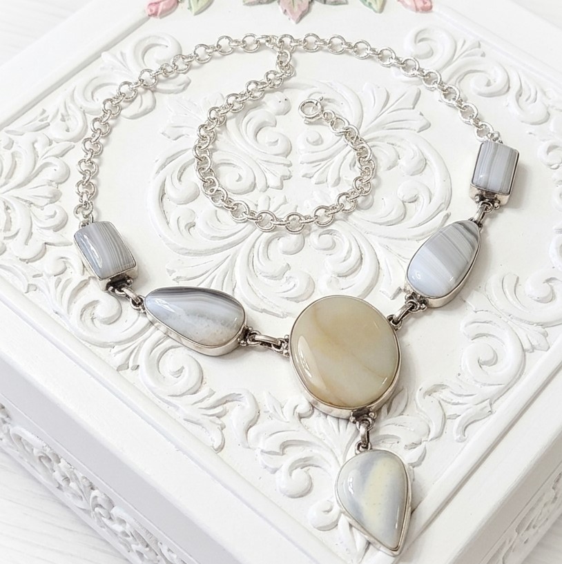 White Agate, Jasper 925 Sterling Silver Necklace