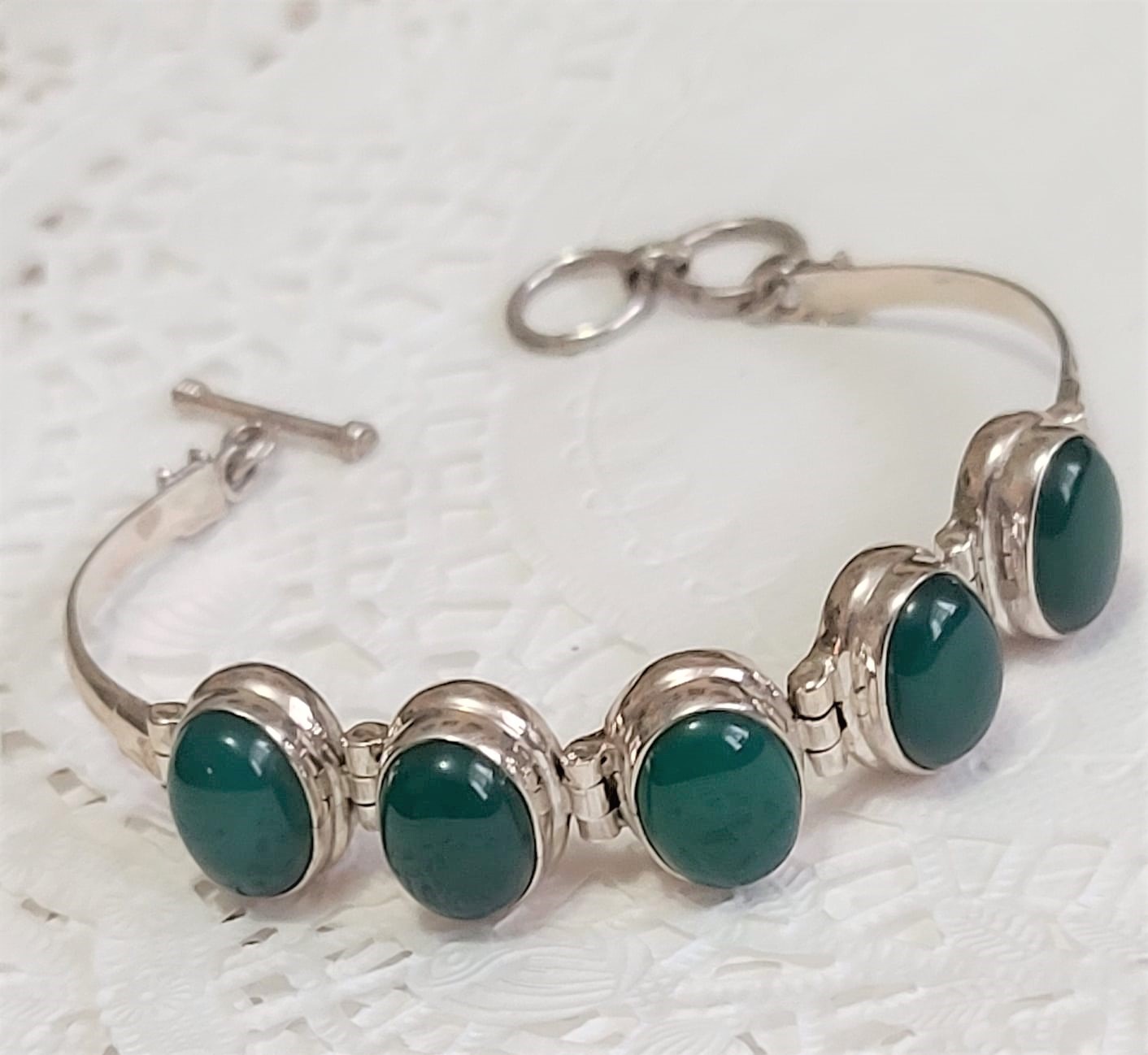 Green Onyx and 925 Sterling Silver Bracelet - Click Image to Close