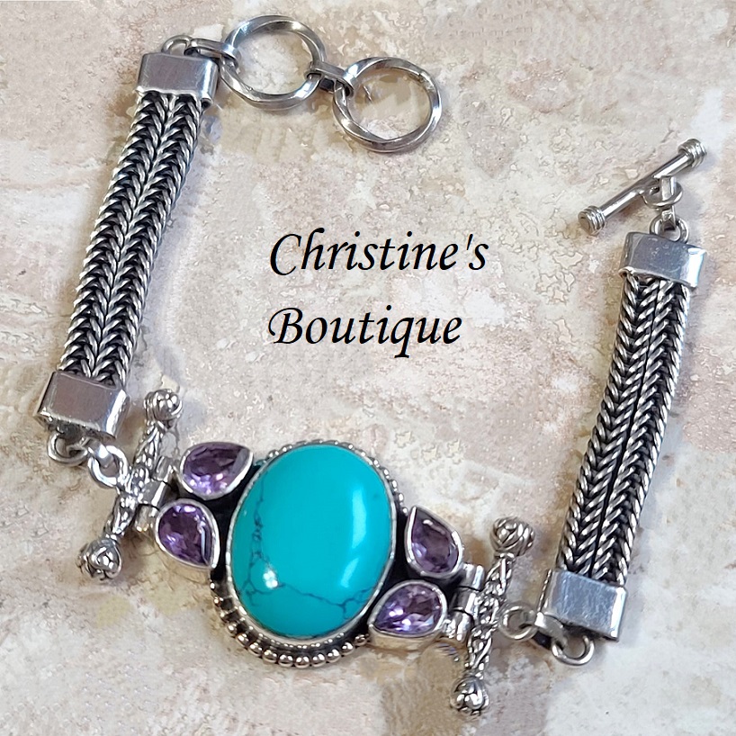 Turquoise and Amethyst Gemstones & 925 Sterling Silver Bracelet - Click Image to Close