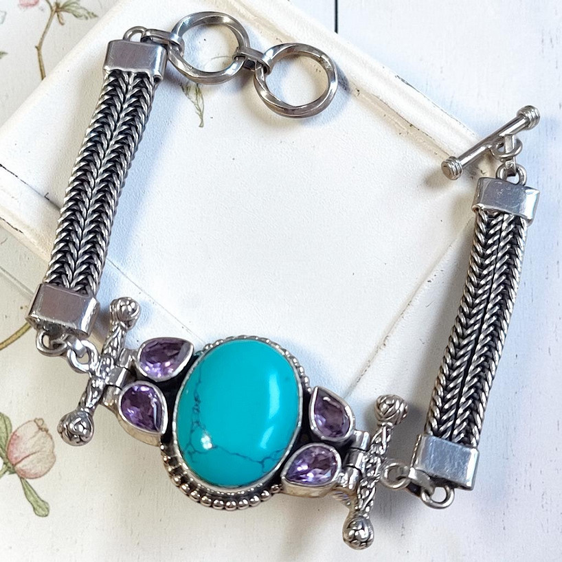 Turquoise and Amethyst Gemstones & 925 Sterling Silver Bracelet