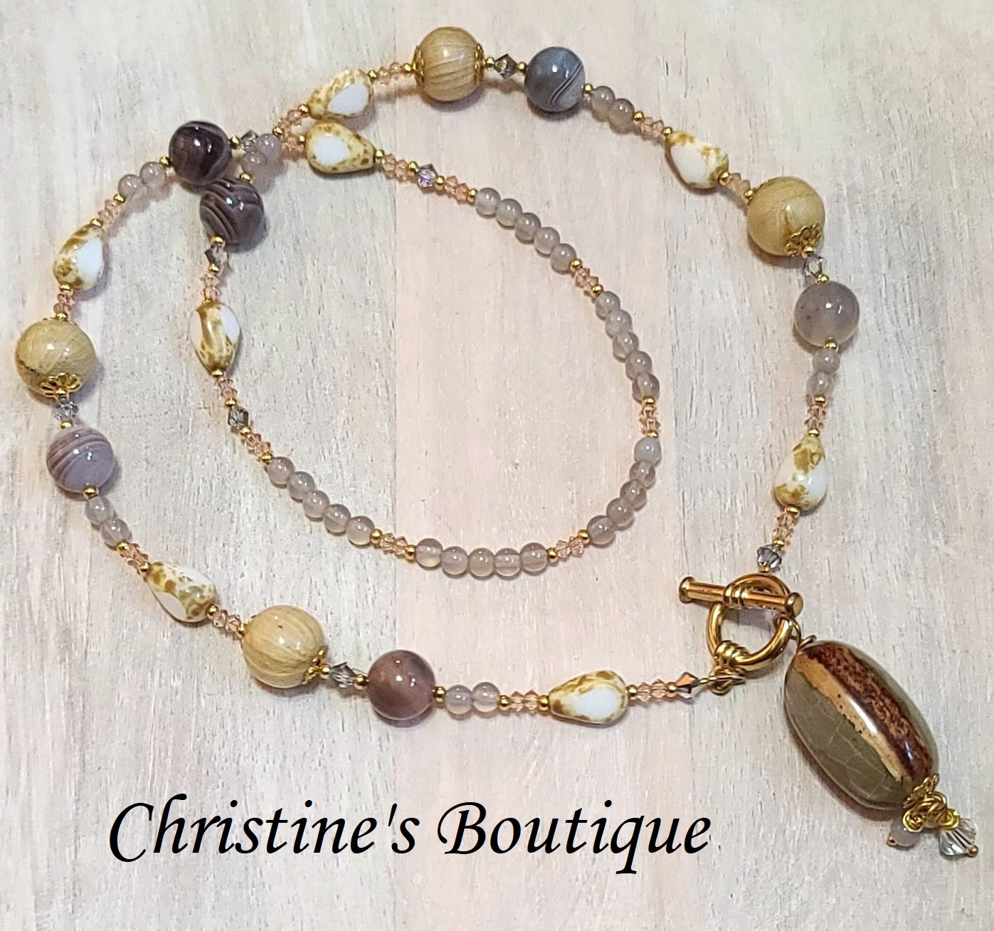 Gemstone lariat necklace, agate gemstone, crystals, handcrafted - Click Image to Close