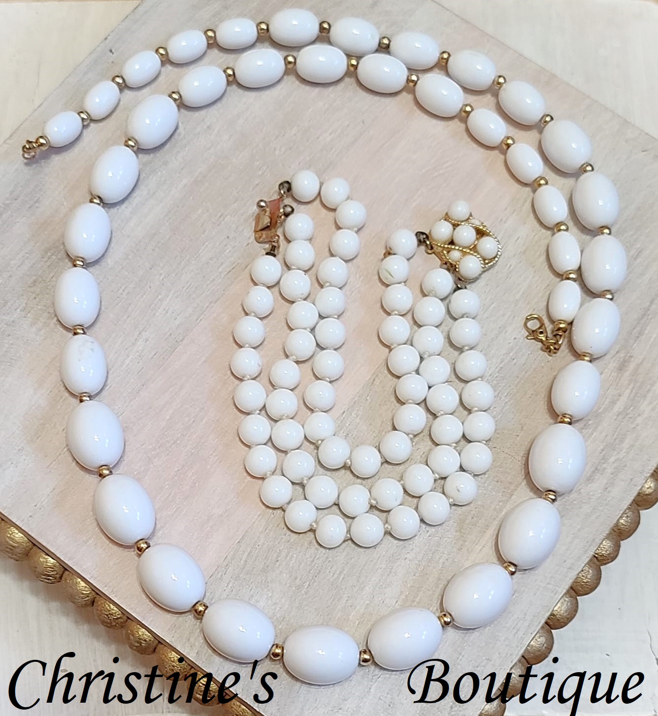 Monet White Bead 27" Necklace & White Glass Bead Bracelet - Click Image to Close