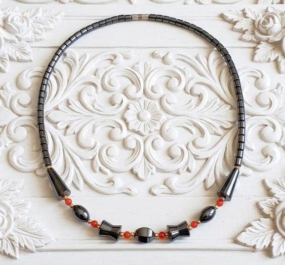 Hematite Necklace with Citrine Stone Beads 19"
