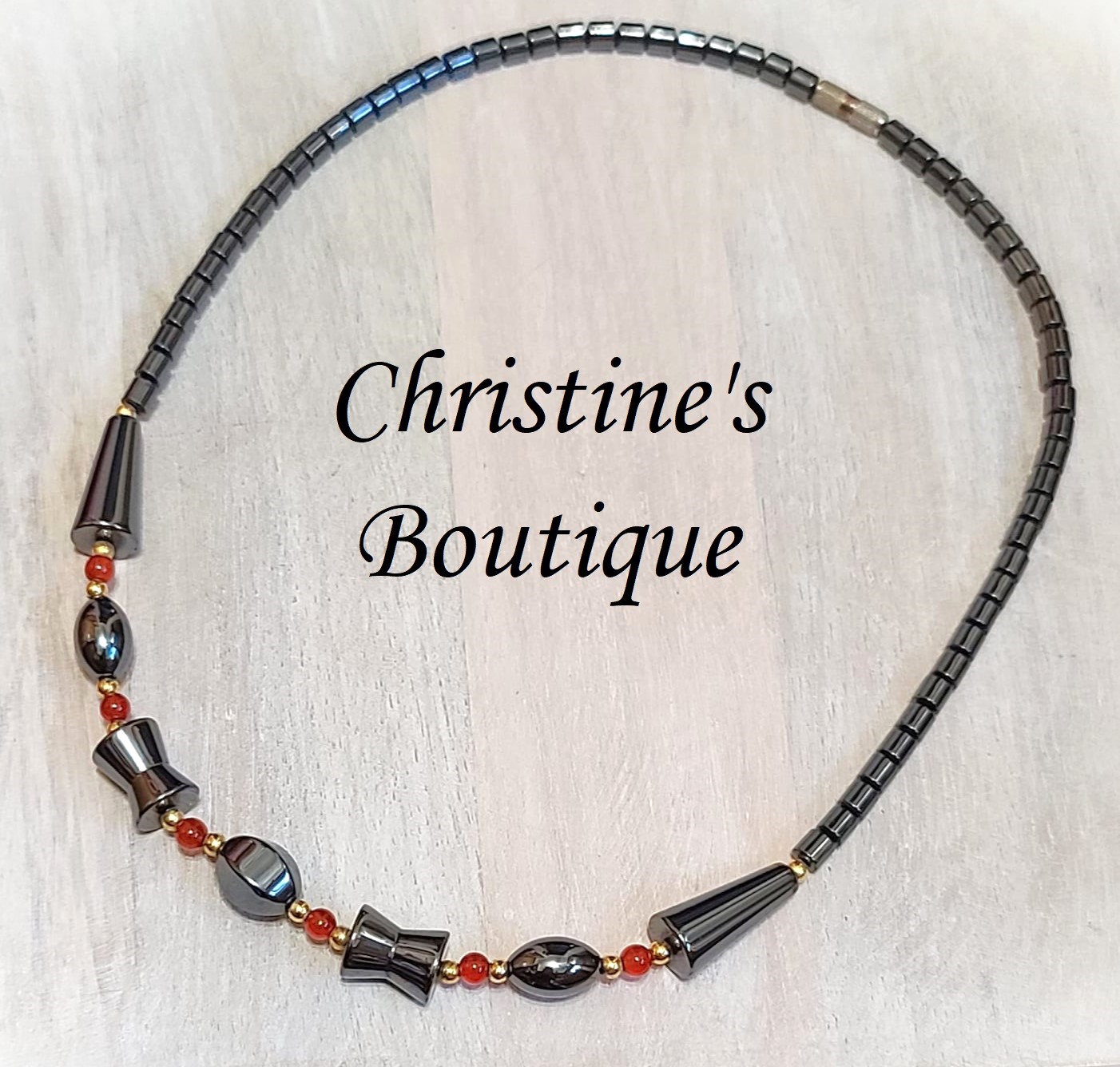 Hematite Necklace with Citrine Stone Beads 19" - Click Image to Close