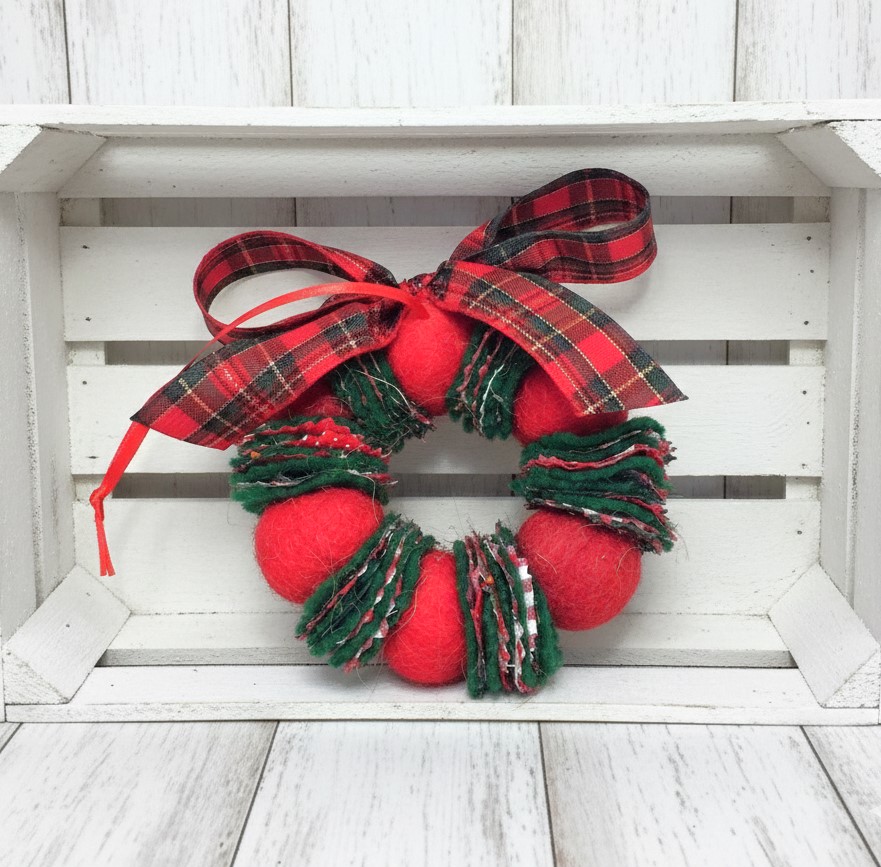 Wreath ornament, Wool felted wreath with fabric accents, plaid ribbon bow - red with green