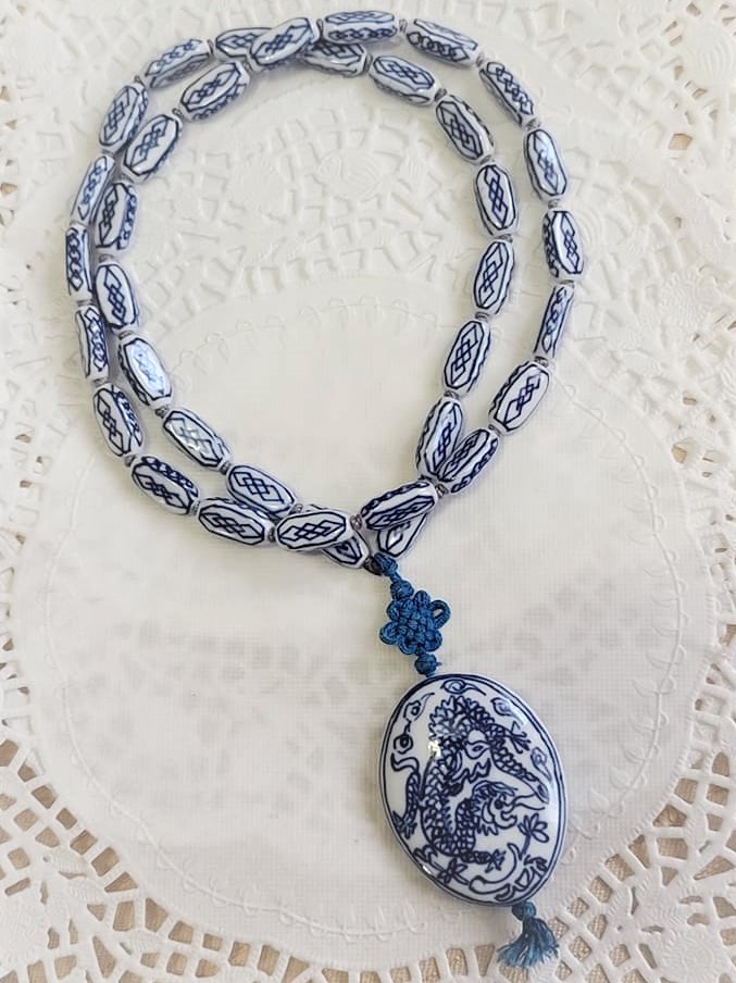 Ceramic with Macrame Asian Dragon Pendant Necklace