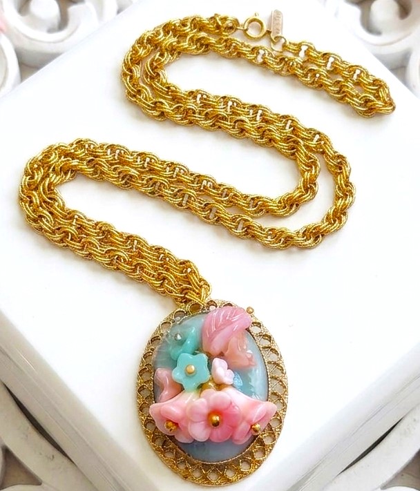 Designer Monet necklace, glass floral 3d pendant on thick goldtone weave chain, vintage statement necklace