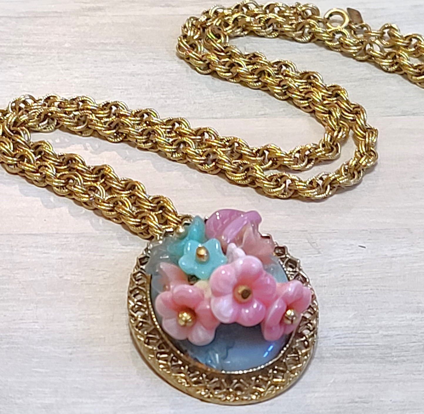 Designer Monet necklace, glass floral 3d pendant on thick goldtone weave chain, vintage statement necklace