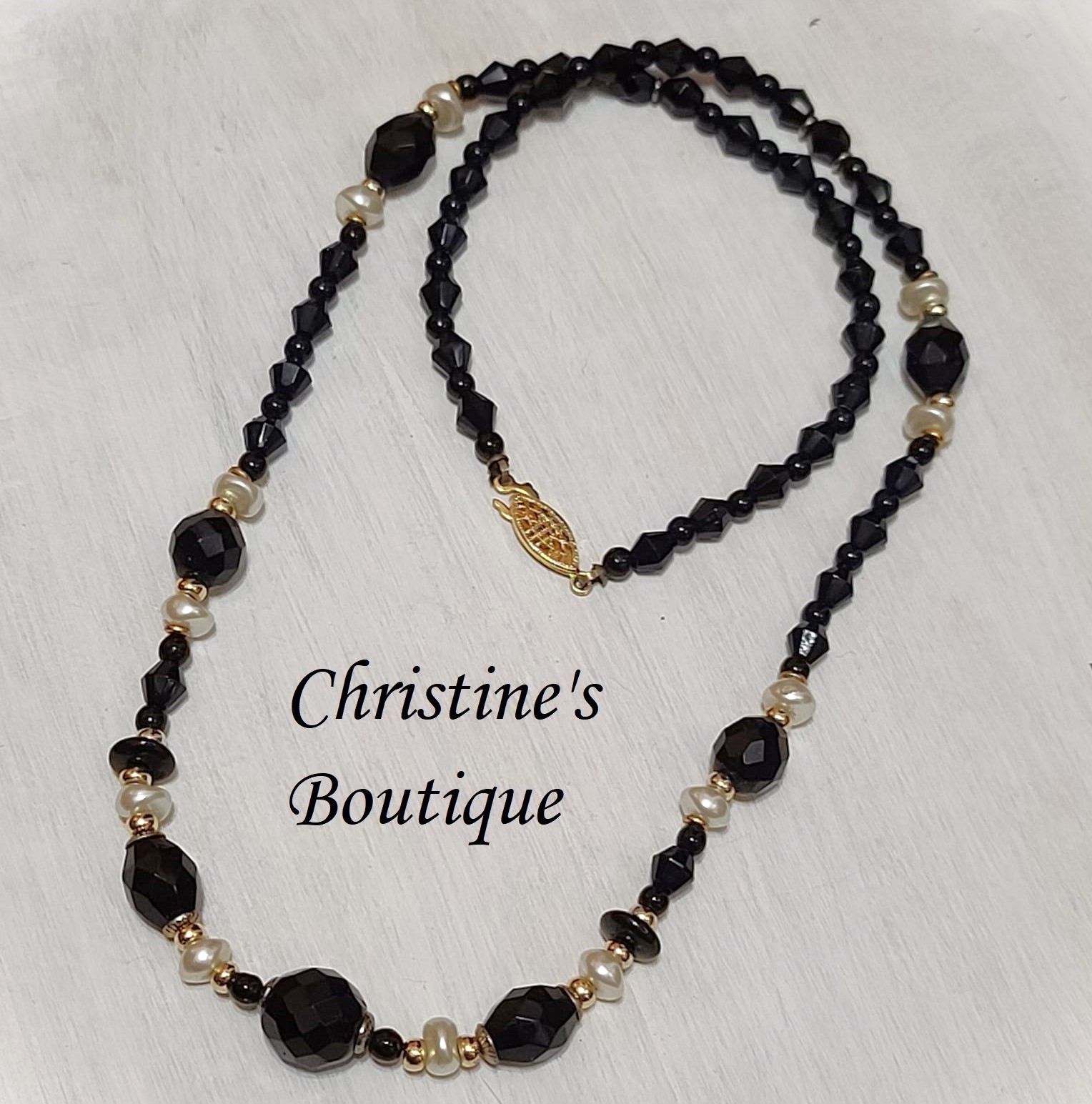 Black Glass Faceted Beads w/Pearls Necklace 24" Long - Click Image to Close